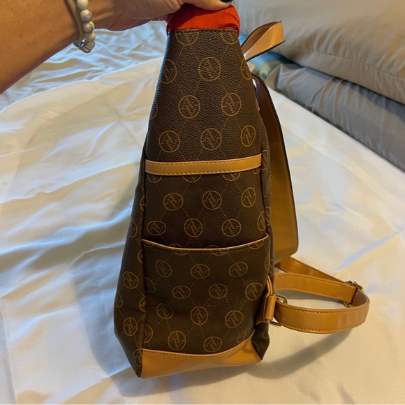 Adrienne Vittadini Brown and Tan Backpack with Orange‎ Trim Drawstring, Magnetic - Picture 3 of 13